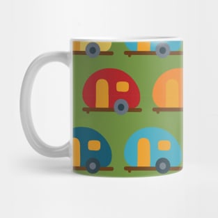 Caravans trailer RV campervan blue red yellow in a row. Green background. Fun vehicle pattern for boys Mug